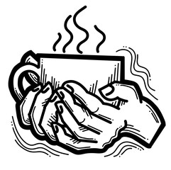 Hands holding coffee cup, Hot drink, tea or cacao for breakfast or take away. Espresso, latte, cappuccino. Hand drawn vintage style illustration. For cafe menu or postcard. Comic cartoon drawing.