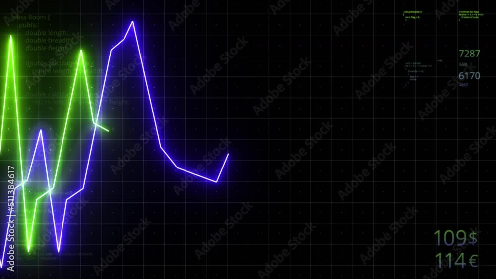 Poster neon chart moving up and down on digital computer screen with dark background. motion. stock market 