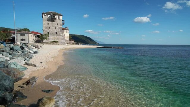 Byzantine Tower of Prosphorion in Ouranoupoli, Beautiful Beach in Greece