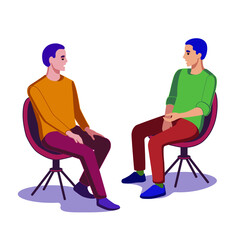 This vector illustration shows a dialogue between two young people on a white background.
