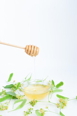 Natural linden honey with linden flowers on a white background
