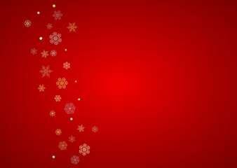 Fototapeta na wymiar Christmas snow on red background. Glitter frame for winter banners, gift coupon, voucher, ads, party event. Santa Claus colors with golden Christmas snow. Horizontal falling snowflakes for holiday.