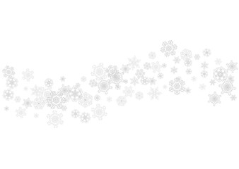 Snowflakes falling on white background. Horizontal Christmas and Happy New Year theme. Silver falling snowflakes for banner, gift card, party invitation, partner compliment and special business offers