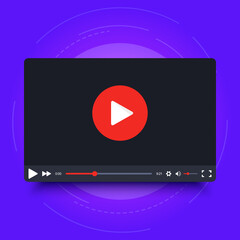Video player frame. Video player interface screen. Video player frame in cartoon design style. Isolated on purple background. Vector element