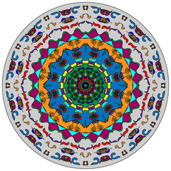 Mandala vector colorful illustration. Ethnic bright colors hand drawn round ornament in oriental or Indian style. Tribal ornamental mandala. Floral and nature motifs.