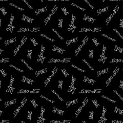 Small white words Sport isolated on black background. Monochrome text seamless pattern. Vector simple flat graphic hand drawn illustration. Texture.