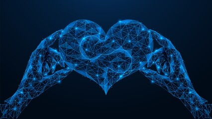 Two-piece puzzle heart in hands. Polygonal design of interconnected lines and points. Blue background.