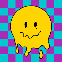 Funny psychedelic surreal melt smile face. Melted smiley face, trippy sticker. geometry futuristic, check grid background art. comic acid for poster, graphic tee print, card. Y2K aesthetic