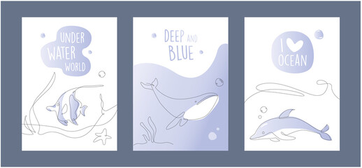 One line marine poster set. Underwater outline fish. Line art ocean and sea life postcard collection.
