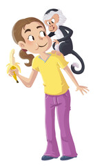 Illustration of a little girl eating a banana with a monkey