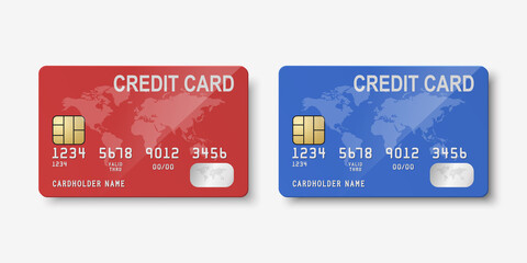 Vector 3d Realistic Red and Blue Blank Credit Card with Map Isolated. Design Template of Plastic Credit or Debit Card for Mockup, Branding. Credit Card Payment Concept. Front Side