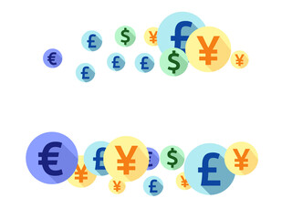Fototapeta premium Euro dollar pound yen round symbols flying money vector design. Jackpot concept. Currency tokens