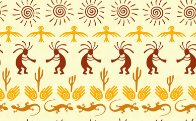 Kokopelli with flute, pangolin, hawk, sun symbol, hands and plant tribal vector seamless pattern.