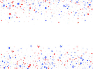 Flying red blue white star sparkles on white vector american patriotic background.