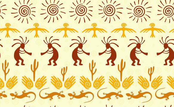 Kokopelli with flute, pangolin, hawk, sun symbol, hands and plant tribal vector seamless pattern.