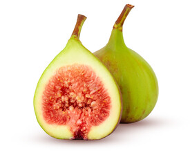 Fig green. Cut in half and whole fig. Green-red fruit isolated on a white background.