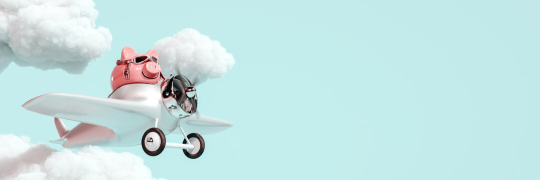 Piggy bank with pilot glasses flying a plane on blue sky background 3D Rendering, 3D Illustration