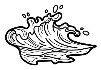 Sea wave, powerful splash energy of nature. Nautical ocean theme with ocean storm, summer holiday. For surfing and sailing decoration element. Hand drawn illustration. Old comic cartoon style drawing.