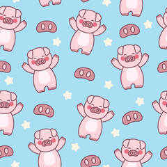 Happy pig. Kawaii seamless pattern on blue background.