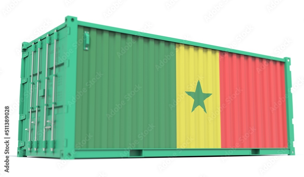 Poster national flag of senegal on the side of a cargo container. conceptual 3d rendering