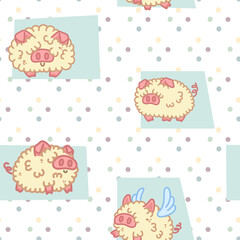 Fluffy pigs. Fantasy cute character. Seamless bright vector pattern.