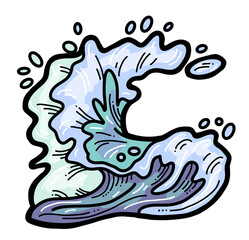 Sea wave, powerful splash energy of nature. Nautical ocean theme with ocean storm, summer holiday. For surfing and sailing decoration element. Hand drawn illustration. Old comic cartoon style drawing.