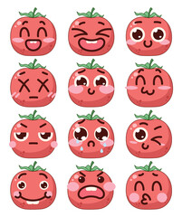 Tomatoes emoji. Cute character with different faces in cartoon style. Vector illustration isolated on white background.