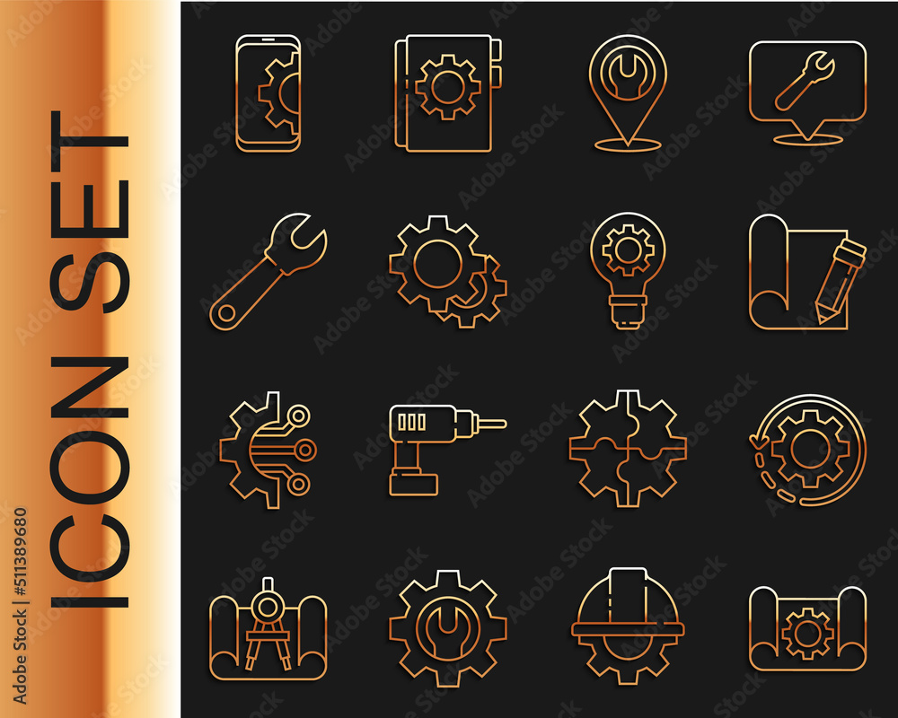 Poster set line graphing paper and gear, gear arrows as workflow, pencil, location with wrench spanner, wre