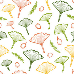 Leaves of Japanese ginkgo biloba tree hand-drawn in sketch style. Seamless vector pattern on white background. For printing on textiles,  medical, cosmetic packaging design