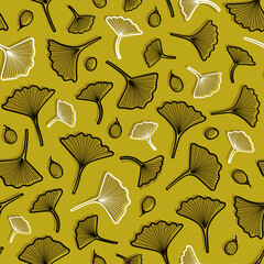 Seamless pattern with Japanese ginkgo biloba tree leaves hand drawn in sketch style. Vector print for textile, wallpaper with botanical ornament on gold background