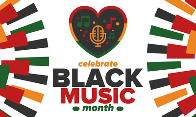 Black Music Month in June. African-American Music Appreciation Month. Celebrated annual in United States. Music concept. Poster, card, banner and background. Vector illustration