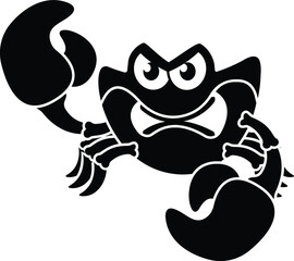 Black and White Cartoon Illustration Vector of an Angry Cartoon Crab with Pincers and Claws