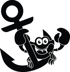 Black and White Cartoon Illustration Vector of a Smiling Cartoon Crab on a Ship Anchor with Pincers and Claws