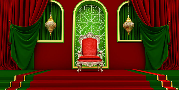 3D render of throne room background, Room with red and green curtains and royal armchair, islamic style, morocco kingdoom