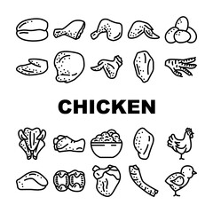Chicken Carcass, Meat And Organs Icons Set Vector. Chicken Broiler Skinless And Boneless Fillet And Quarter Back, Wings And Drumstick, Liver And Heart. Little Chick Farmland Bird Color Illustrations