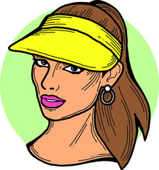 Beautiful girl wear sporty baseball cap. Pretty woman with attractive face, bright eyes and lips. Fashion model dress summer hat. Hand drawn vector illustration. Cartoon character colourful drawing.