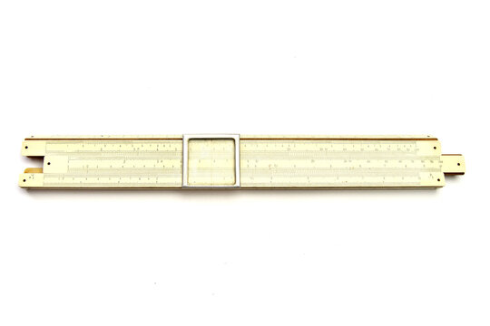 Old mechanical pocket slide rule calculator isolated