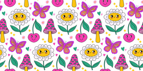 Cute kawaii y2k daisy seamless pattern background with daisy chamomile flower, cherry with smile face, butterfly, trippy groovy mushroom. Bright sweet vector background with colorful elements