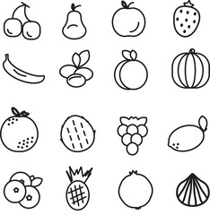 Collection of fruit icons, black sketch on white background. Fruits icons set, healthy eating. Vector illustration.