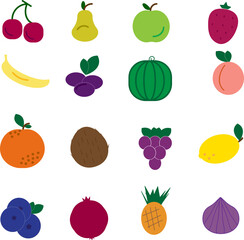 Fruit icons set of sixteen fruits. Healthy eating concept. Vector illustration.