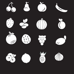 Fruit icons set on black background. Vector fruit collection. Vector illustration. Healthy diet concept.