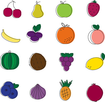 Set of sixteen fruits icons on white background, isolated. Healthy food concept. Vector illustration.