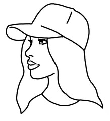 Beautiful girl wear sporty baseball cap. Pretty woman with attractive face, bright eyes and lips. Fashion model dress summer hat. Hand drawn illustration. Comic cartoon style character line drawing.