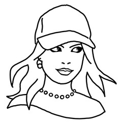Beautiful girl wear sporty baseball cap. Pretty woman with attractive face, bright eyes and lips. Fashion model dress summer hat. Hand drawn illustration. Comic cartoon style character line drawing.