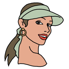 Beautiful girl wear sporty baseball cap. Pretty woman with attractive face, bright eyes and lips. Fashion model dress summer hat. Hand drawn illustration. Old style comic cartoon character drawing.