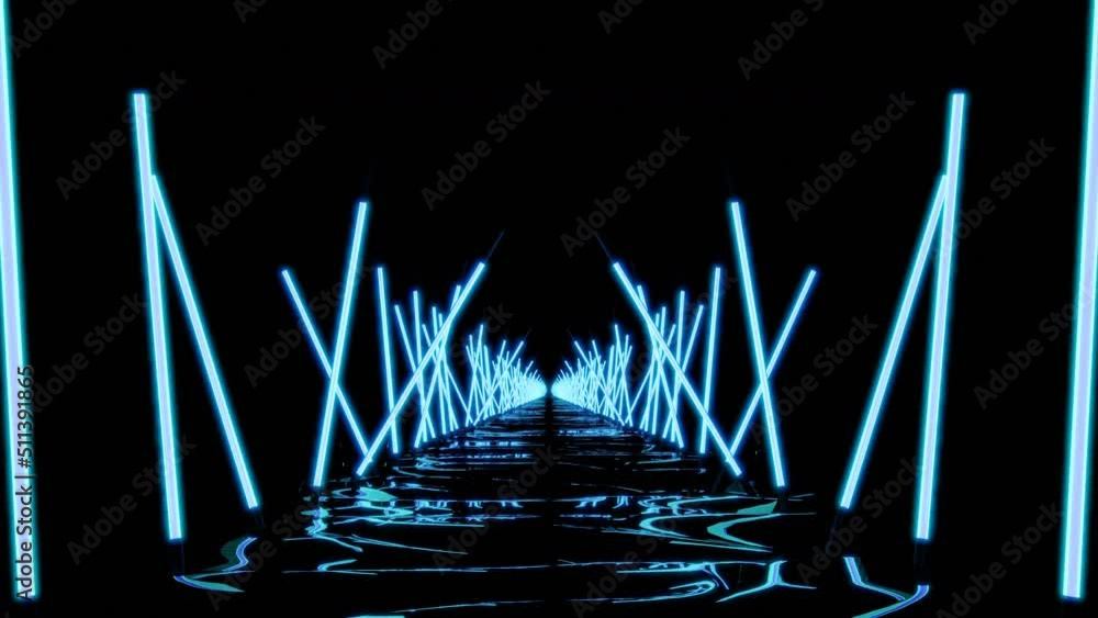Poster Moving 3d corridor with neon lines in dark. Design. Gloomy path in cyberspace with neon lines. Neon lines illuminate dark path in virtual space