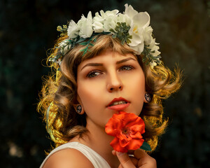 La belleza y pureza que esconde la naturaleza, la mujer soñada en un cuento de hadas, retrato de mujer con una rosa roja en la cara y una diadema de rosas blancas