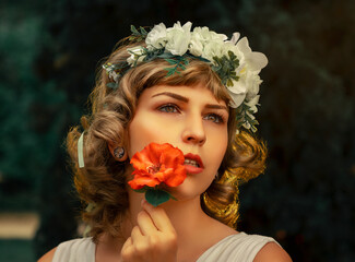 La belleza y pureza que esconde la naturaleza, la mujer soñada en un cuento de hadas, retrato de mujer con una rosa roja en la cara y una diadema de rosas blancas