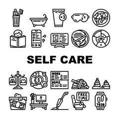 Self Care Procedure And Life Task Icons Set Vector. Self Care Training Exercise And Meditation, House Cleaning And Donation, Brush Teeth And Bathing, Eat Healthcare Food And Drink Color Illustrations