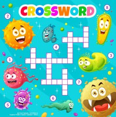 Fototapeta premium Cartoon microbes, germs, viruses crossword grid worksheet, find a word quiz game. Vector search puzzle, kids brainteaser riddle with funny microorganism characters, guess a color task sheet for child